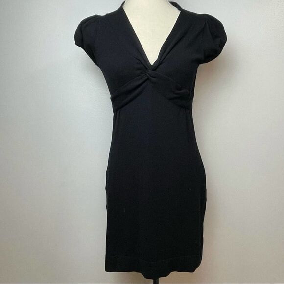 Mandee Solid Black V Neck Twist Front Stretchy Mini Dress Short Sleeve size L - Picture 11 of 11